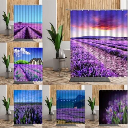 Purple Flower Landscape Shower Curtain Sets Lavender Flowers Printed Bathroom Bath Decor Backdrop Fabric 3D Living Room Curtains
