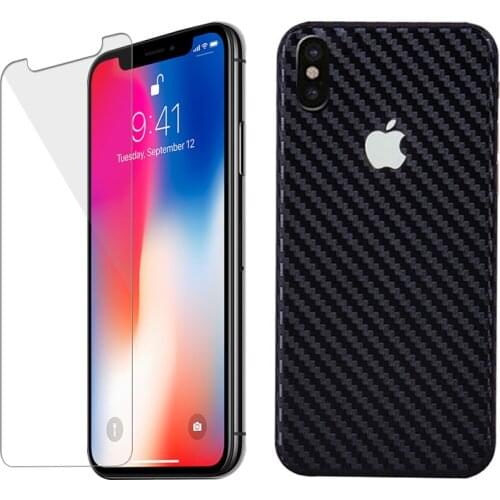 Rear Back cover Protector 3D Carbon Fiber + Tempered Glass Screen Protective Film for iPhone X 10 ten plus non-slip Accessories