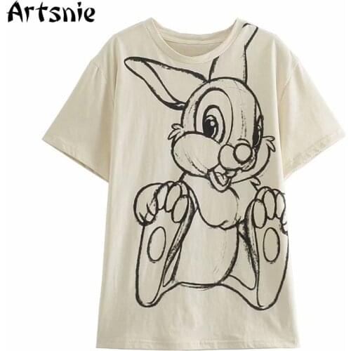 Artsnie Disney Bambi Cartoon T Shirt Women Summer O Neck Short Sleeve Khaki Oversized Tops Streetwear Casual Ladies T-shirts Tee