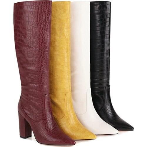 Black Yellow White Wine Red Women Knee High Boots Square High Heel Pointed Toe Women Boots PU Leather Winter Shoes Big Size 43