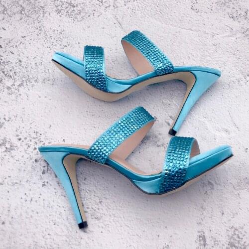 CHS1356 Custom Made High Heel Platform Strappy Light Blue Crystal Rhinestones Women Shoes Slides Slippers