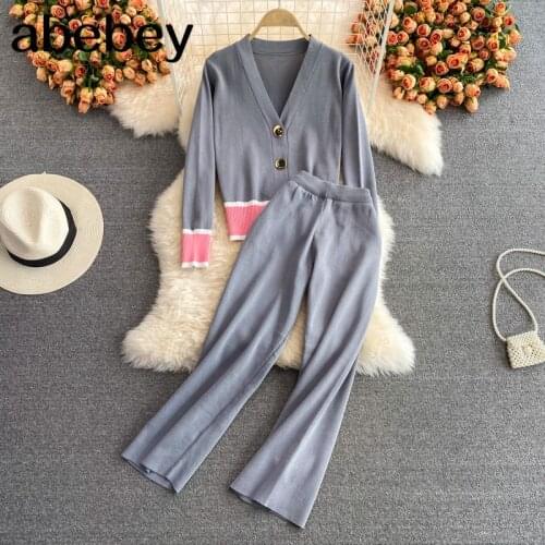 2021 New Spring Autumn Fashion V-Neck long sleeve single breasted knitted Top + high waist casual wide leg Pants two piece set
