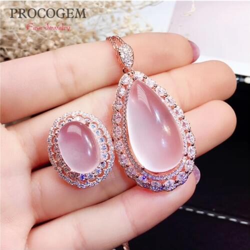 Natural Trendy Rose Quartz Crystal Jewelry sets for Women Girls Party Necklace Ring 15Ct Big gems Fine Jewelry S925 Silver #600