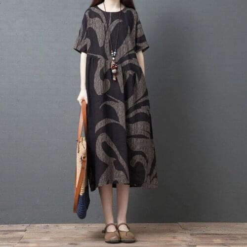 2021 New Summer Dress Vintage Cotton Linen Women Dresses Loose Comfortable Printing Long Dress Vestidos Robe Clothes