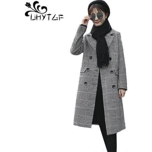 UHYTGF Winter Coat Women New Plaid Woolen Coats Double-Breasted Loose Plus Size Coats Autumn Lady Long Windbreaker Outerwear 798