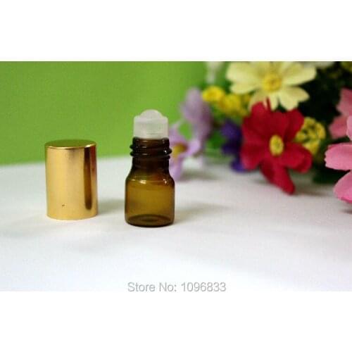 1ML Roll on Bottle Gold Lid, Amber Roller Bottle with Glass Bead Ball, 1CC Glass Amber Bottles, Brown Glass Bottle,100pcs/Lot