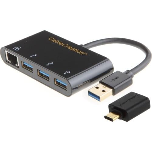 2-in-1USB3.0+3.1 USB-C to 3 Ports USB 3.0 Hub+Gigabit Ethernet Port Adapter for MacBook & Other USB3.0 or Type C Devices