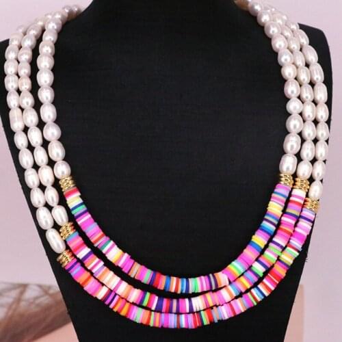 5Pcs Latest Fashion Natural Fresh Water Pearl Necklace Rainbow Color Soft Polymer Clay Beads Boho Choker Necklace Women Jewelry