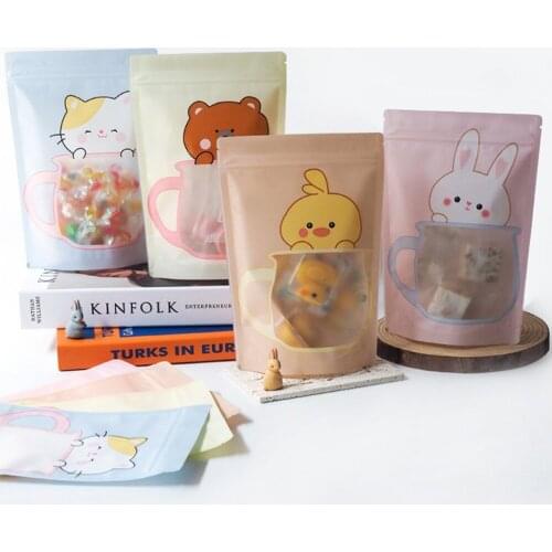 50Pcs Cartoon Plastic Frosted Window Bag Stand Up Zip Lock Tear Notch Snack Food Candy Tea Reclosable Storage Packaging Pouches