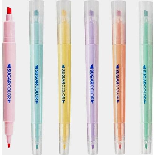 6Pcs/Set Mild Color Highlighter Dual-Tips Assorted Colors Fluorescent Highlighter Pen Double Head Smooth Writing Drawing Markers