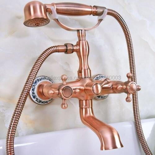 Antique Red Copper Bathroom Tub Faucet Telephone Style Bathroom Bathtub Wall Mounted With Handshower Swive Tub Spout Kna338