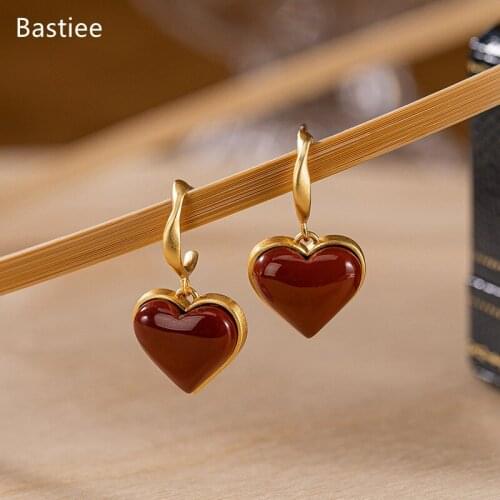 Bastiee Silver 925 Jewelry 925 Sterling Silver Earrings Dangle Earrings Vintage Korean Earrings Golden Plated Red Agate