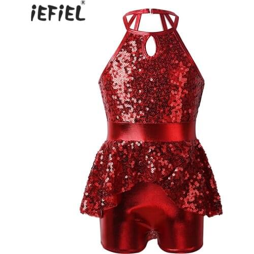 Kids Girls Sleeveless Dancewear Halter Shiny Sequins Contemporary Ballet Dance Costumes Shorty Unitard Lyrical Dance Dress