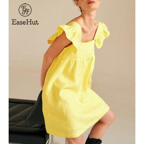 EaseHut Fashion Women Cotton Linen Dress Solid Color Square Neck Short Sleeve Butterfly Sleeve Sweet Mini Dress 2021 Summer
