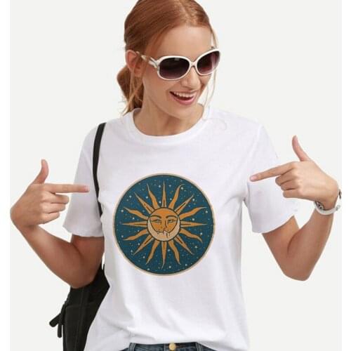 Harajuku Sun And Moon Printed T-Shirt Women O-Neck Short Sleeve Basic Casual Female Tops Fashion Woman Clothing