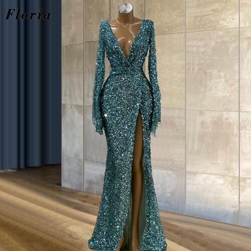 Customized Women Sexy Split Side Evening Dresses Red Carpet Dress Newest Saudi Arabia Sequins Beaded Prom Dresses Celebrity Gown