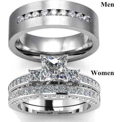New Lovers Rings Woman Crystal Rhinestones Rings Set Men Zirconia Stainless Steel Wedding Engagement Valentine Day Gift