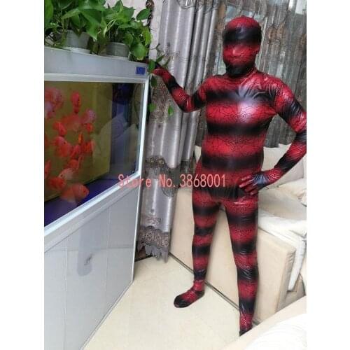 Halloween cosplay costume Spider web pattern black stripe red Shiny Metallic tights jumpsuit full Bodysuit Zentai Suits Fancy