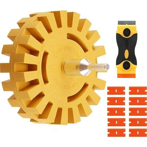 Eraser Wheel Decal Remover Set 4 Inch Adhesive Sticker and Vinyl Remover with Plastic Razor Blades and Drill Adapter