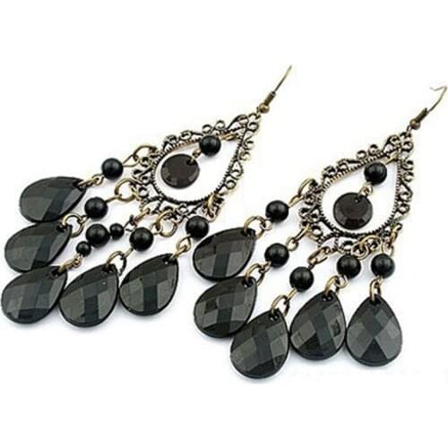 Hot jewelry retro fashion hollow tassel earrings long hanging luxury vintage big black waterdrop earrings with stone for women