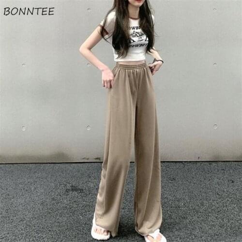 Casual Pants Women Teenagers Summer Daily Full Length BF Trousers Elastic Waist All-match Solid Straight Simple Flat New Arrival
