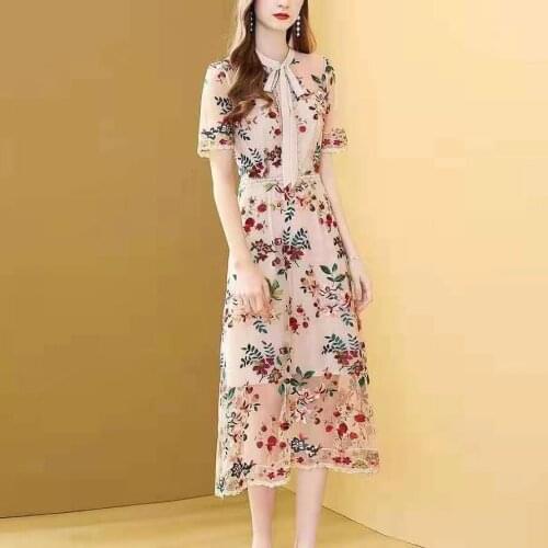 IVY HE Elegant Party Lace Mesh Dress Women Flower Embroidery Dress New Summer Female Bow Collar Short Sleeve Long Dress Vestidos