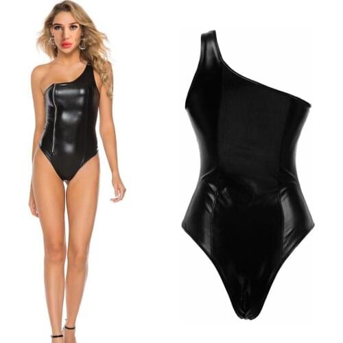 Sexy Women Faux Leather One Shoulder Leotard Sleeveless Bodysuit One Piece Teddy Front Zippered Romper Night Show Fetish Lingeri