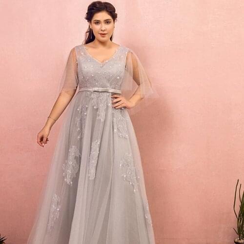 V-Neck Evening Dress Ruched Short Sleeves Embroidery Lace Up Fashion A-Line Floor-Length Tulle Plus Size Women Formal Gowns D851