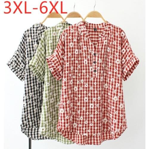 New 2021 summer plus size tops for women large blouse short sleeve casual loose cotton floral print shirt red 3XL 4XL 5XL 6XL