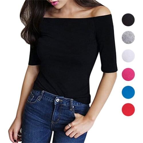 Women Autumn T-shirts Half Sleeves Off Shoulder Pullover Slim Fit Casual Tops Cotton Tee Shirt Women Casual T Shirts Solid Color