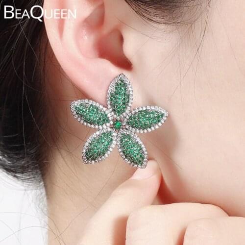 BeaQueen Elegant Full Cubic Zirconia Crystal Paved Green Leaf Flower Big Stud Earrings for Women Party Wedding Jewelry E355