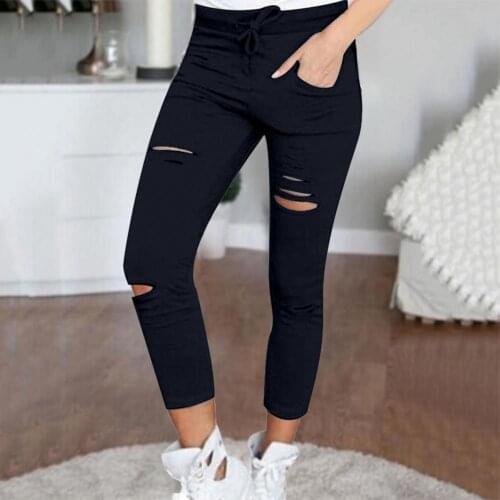Women Cropped Pants Ripped Drawstring Women Solid Color Elastic Waist Pockets Leggings Workout Sexy Slim Push Up Streetwear