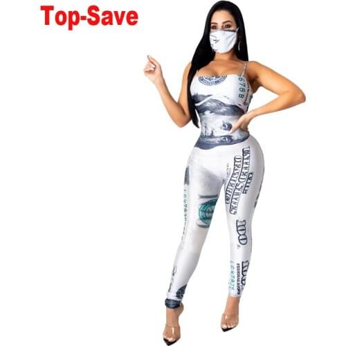 Dollar Print Jumpsuit Women Fashion Playsuits 2020 Summer Vintage Off Shoulder High Waist Tight Bandage Jumpsuit Dropshipping