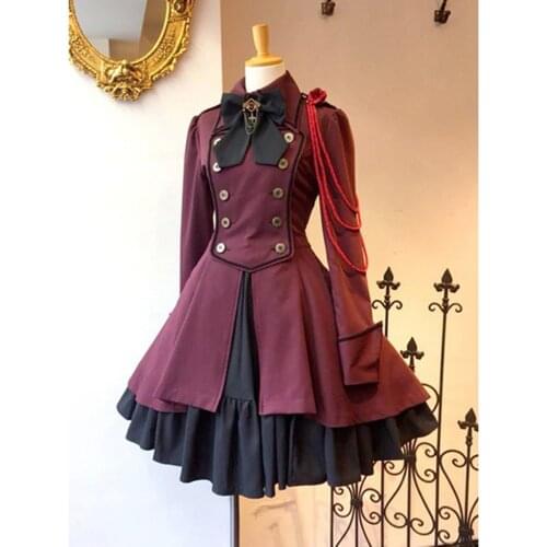 Fashion Women Gothic Dress Vintage Gothic Court Patchwork Bow Princess Dresses Long Sleeve Button Short Dress #T1G