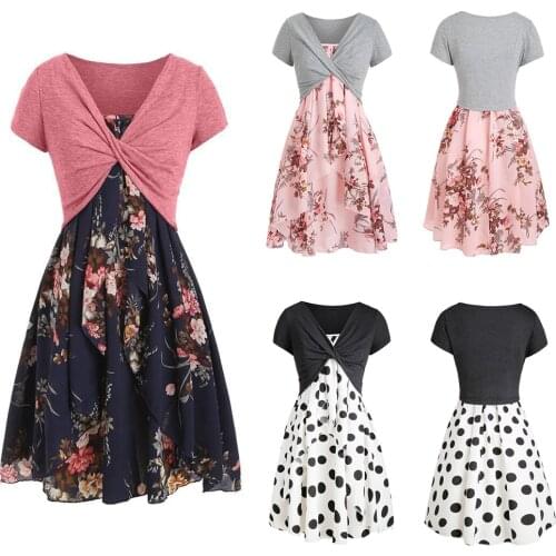 3 Style Fake Two Piece Ladies Short Sleeve Summer Dress Polka Dot Printed Women A-Line Dress Sundress Black White Dress D30