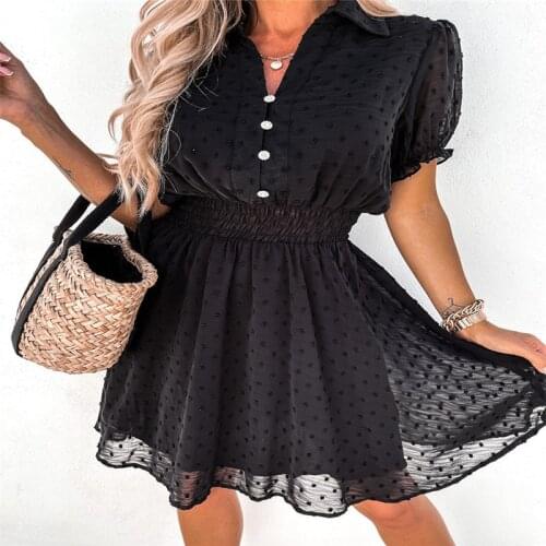 Summer Elegant Black Dot Party Dresses Women Waist A Line Mini Dress Button Short Sleeve Robe Female V-Neck Beach vestidos