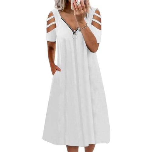 Summer Dress 2021 Women Casual Loose Beach Dress Sexy Zipper V-neck Dress Short Sleeve Hollow Out Clothes Female Vestidos