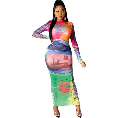 Women’s Sexy See Through Dress Money Printed Mesh Long Sleeve Zip Bodycon Party Clubwear Maxi Dresses