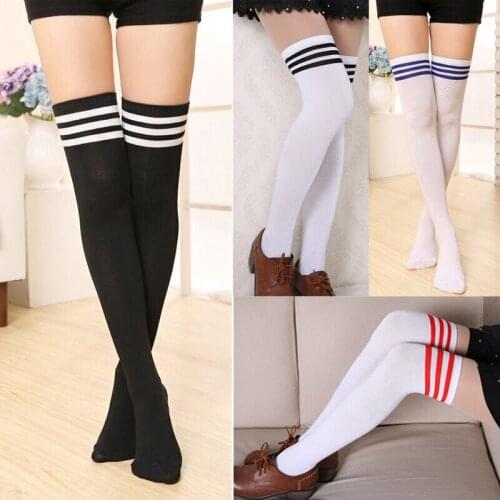 Winter Cotton Thick Women Knit Cable Stockings Over Knee Thigh High Black White Strip Female Cotton Stockings Pantyhose