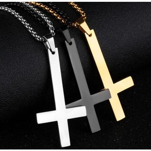 Gold/black Upside down cross pendant stainless steel mens necklace with box chain 3mm 24 inch