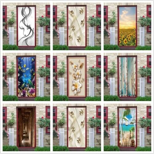 3D View Wallpaper On The Doors Waterproof Removable Wall Sticker Home Design Room Decor Poster Black Geometry Decals deursticker