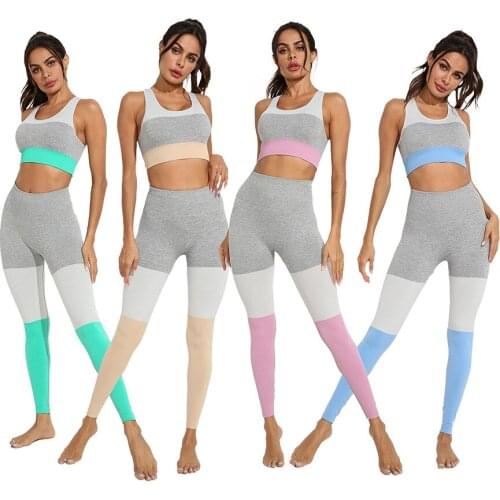 Seamless solid Yoga Set Women Fitness Clothing Sportswear Gym Leggings Padded Push-up Strappy Sports Bra 2 Pcs workout running