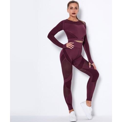 Seamless Hollow Out Sport Set Women 2 Piece Tight Crop top Leggings Lace Pant Sportswear Khaki Workout Yoga Suit Fitness Gym Set