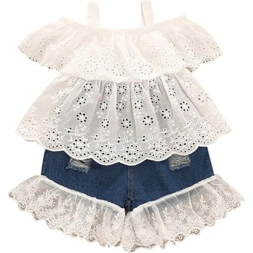 Toddler Summer Baby Girls Off Shoulder Hollow Out Embroidery Smock Blouses + Lace Patchwork Denim Short Pants Children Clothing