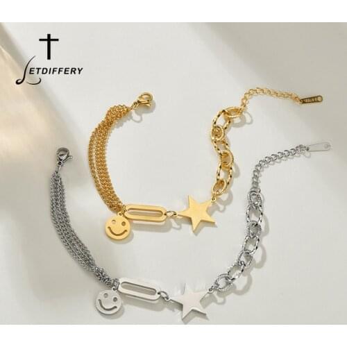 Letdiffery Fashion Smile Face Charms Bracelets for Women Stainless Steel Star Smiley Luck Bracelet Femme Jewelry