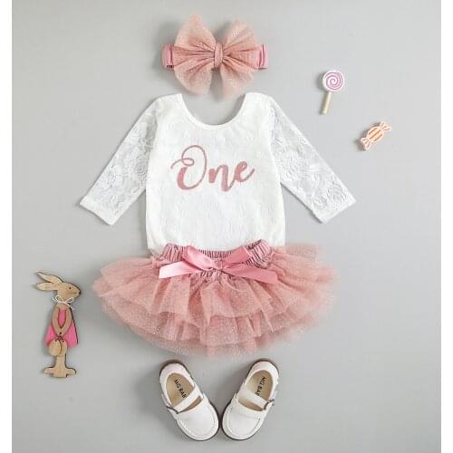 Infant Baby Girls Party Outfits Long Sleeve Lace Romper+Tutu Mesh Skirt+Headband Princess Newborn First Birthday Clothes Dress