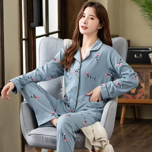 Women Full Cotton Pajamas Blue Small Flower Pajama Sets Sleepwear Long Sleeve Top+Long Pants Pajamas Home Clothing Pyjamas XXXXL
