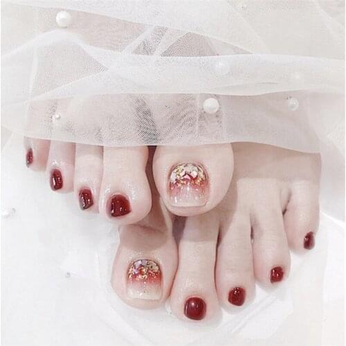 Gradual wine red pure color with shell and gold foil decorated false nails for toe french cute summer toe nails full nail tips