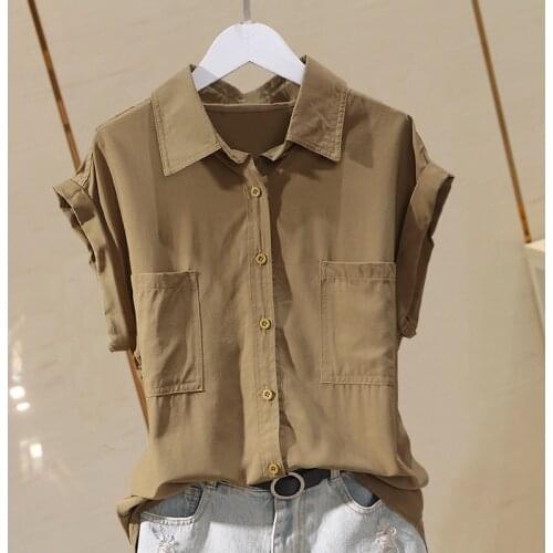 Cotton Solid Women Shirts Summer Vintage 2021 Turn-Down Collar Pocket Slim All Match Office Lady Work Shirts Outwear Tops