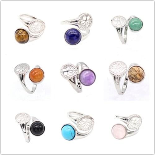 KFT Natural Healing Crystal Quartz Tree of Life Rose Pink Quartz Resizable Stone Finger Ring For Women Party Wedding Jewelry